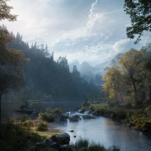 Prompt: beautiful fantasy landscape, photorealistic, high resolution, high quality, mountains, river, high fantasy, magical, vivid, magical forest, lush, exotic, misty, avalon, blue heron
