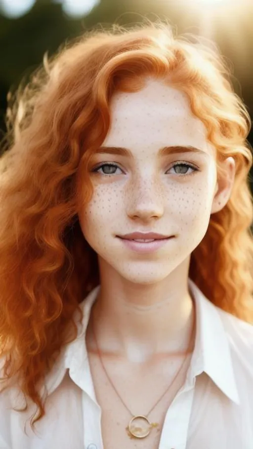 Prompt: Portrait of Ginger light brown skin freckled young skinny woman, freckles, turned up small nose, long wavy ginger wet hair, delicate lips, cute face, pure, sweet smile ((white open shirt)), ((shy)), sun from behind, sun on hair, 18 years old, thin

Ultra high definition, stylized picture, highly detailed, intricated, 8K, filigree 