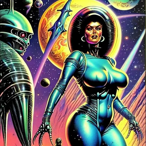 Prompt: cover of 1980's science fiction book with beautiful plus size alien woman style of Earl Norem

