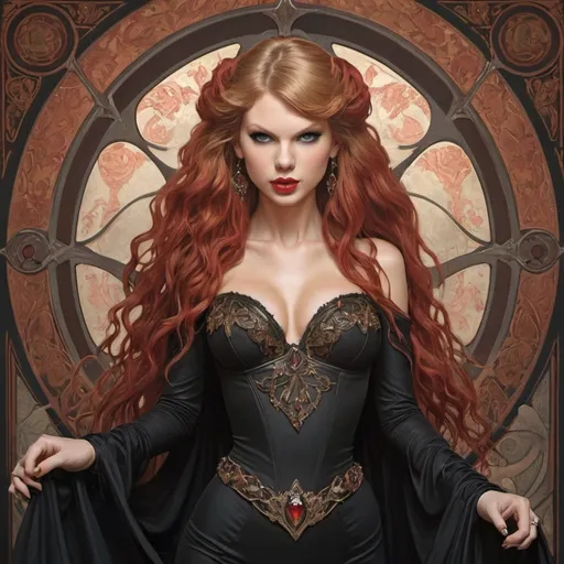 Prompt: Taylor Swift as Madelyne Pryor The Goblin Queen by Alphonse Mucha