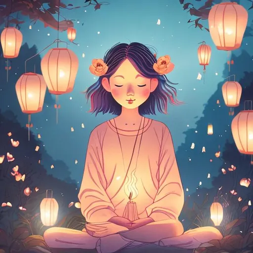 Prompt: Girl with rose gold hair blowing in the wind with lanterns meditating in the woods colorful storybook illustrations 