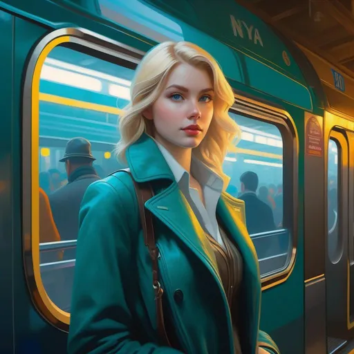 Prompt: Third person, gameplay, Finnish girl, pale skin, blonde hair, teal eyes, 2020s, smartphone, NYC subway station, foggy, golden atmosphere, cartoony style, extremely detailed painting by Greg Rutkowski and by Henry Justice Ford and by Steve Henderson 