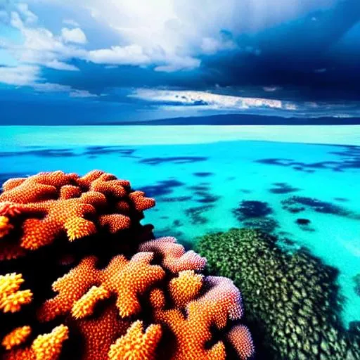 Prompt: long shot scenic professional photograph of {coral reef}, perfect viewpoint, highly detailed, wide-angle lens, hyper realistic, with dramatic sky, polarizing filter, natural lighting, vivid colors, everything in sharp focus, HDR, UHD, 64K
