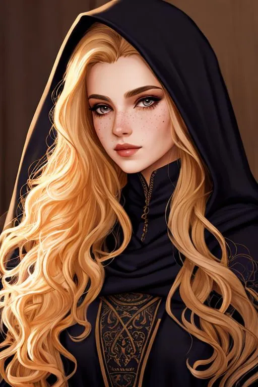 Prompt: dnd, portrait, long curly hair, female, Illustration, black hood and robes, scars, freckles