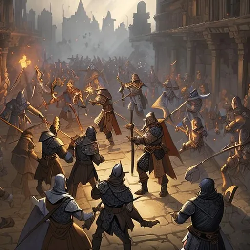 Prompt: Dnd in medieval time with magic, fight between 2 factions in a city outside a temple with the city watch trying to contain the fight. The fight would be outside the temple on a big road and its full of people fighting