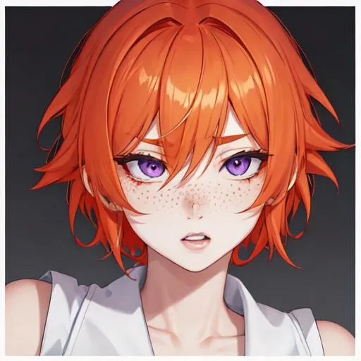 Prompt: Erikku male (short ginger hair, freckles, right eye blue left eye purple) UHD, 8K, Highly detailed, insane detail, best quality, high quality, as a thug
