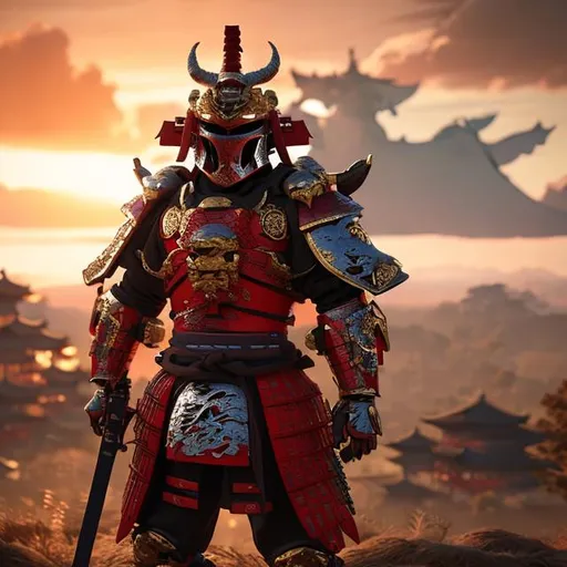 Prompt: Samurai with red armor and dragon themed helmet, golden katana looking at the sunset on a battlefield ultra realistic