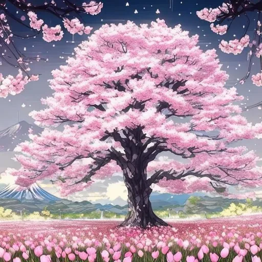 Prompt: I want an anime style art that has a blooming sakura tree that has a message engraved in it that says "i love u" in ogham language, this tree is in a field of lily, roses, tulips of different colors, behind it fuji mountain, and the art is in the night where the moon is full and aligned with venus in the sky