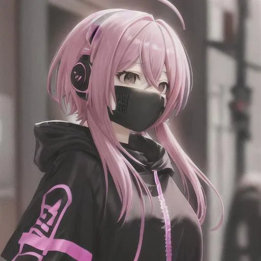 Prompt: Pink hair girl  masked black clothes headphones
