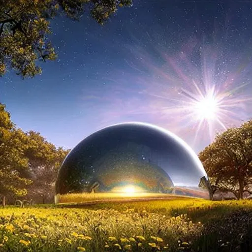 Prompt: Glass sphere with a Solar Halos above a meadow, rainbow around the sun in clear sky, descending rainbows" a breathtaking artwork by Jean Baptiste Monge, Andree Wallin, Thomas Kincade, Geoffroy Thoorens, Krenz Cushart, Epic scale, highly detailed, clear environment, triadic colors cinematic light 16k resolution