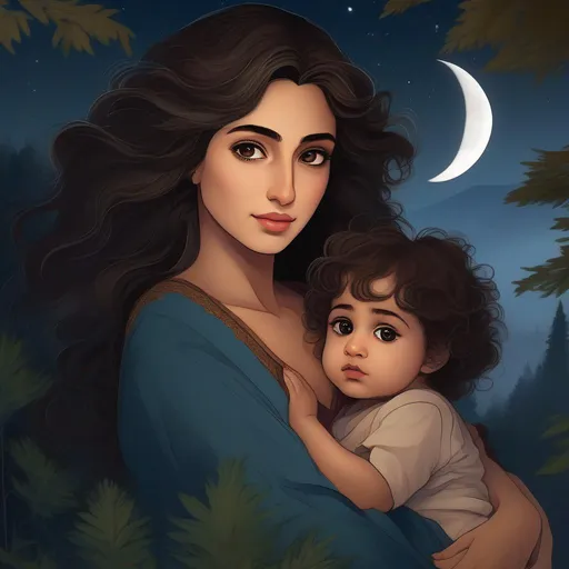 Prompt: highest quality anime art masterpiece, digital drawing, Azerbaijani woman with long black thick wavy messy hair:vistani, carrying a baby in her arms, round face, broad cheeks, sad in a forest on a dark foggy night, big brown eyes, tanned skin:2, waxing moon, huge long wide broad hooked greek aquiline algerian oriental arabic nose, flat chest, ethereal, jewelry set, highres, realistic, highly detailed, fantasy, gypsy, roma, D&D, Ravenloft, by Ilya Kuvshinov