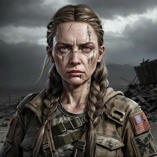 Prompt: Full portrait, half body,
post apocalyptic, 
female, age 45, 
tactical jacket
brown shoulder long hair in a braid,
pale skin, war paint, wrinkles, dirty face,
confident, rage, serious, serious, fierce,
piercing gaze,
highly detailed, digital painting, artstation, concept art,
atmospheric lighting, smooth, sharp focus, illustration, 
art by Artem Demura and Alphonse Mucha