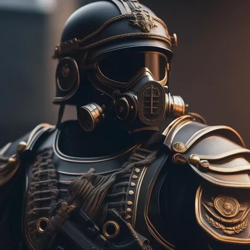 Prompt: A modern roman military male in black military armor galea helmet of roman armor, with a gun and gas mask, background Roman futuristic Hyperrealistic, sharp focus, Professional, UHD, HDR, 8K, Render, electronic, nervous vibe, loud, tension, dark, Epic