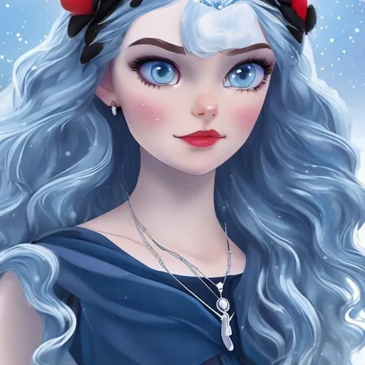 Prompt: snow white hair and skin, dark blue ocean eyes, wears a blue dress, silver wrap around heels and a sliver moon hair pendent in her hair