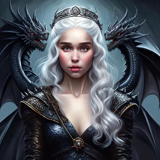 Prompt: (masterpiece, professional oil painting, epic digital art, best quality) Targaryen Princess, black dragon dress, proportional face, beautiful