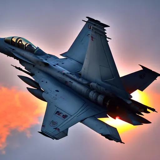 Prompt: A F-15 fighter jet with one wing flying through a sunset