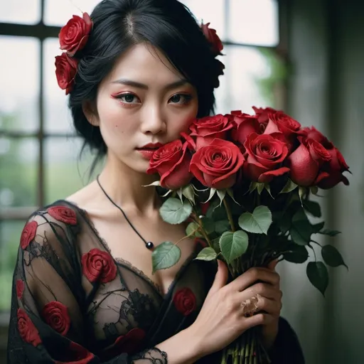 Prompt: An incredibly detailed close up beauty full portrait photo of a Japanese model, her hands holding a bouquet of red roses. Dress style Gothic. Mystic.  Shot on a Hasselblad medium format camera with a 100mm lens. Unmistakable to a photograph. Cinematic lighting. Photographed by Tim Walker, trending on 500px –ar 4:5 –s 750 –niji 5 –v 5 –q2