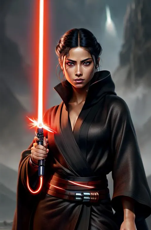 Prompt: determined, fierce, hero, dramatic, cinematic lighting, black hair, ((red eyes)), ethereal, highly detailed, digital painting, Trending on artstation , HD quality, tan skin, Big Eyes, artgerm, masterpiece, beautiful face, Tattoos, Jedi, lightsaber, Doutzen Kroes, robes