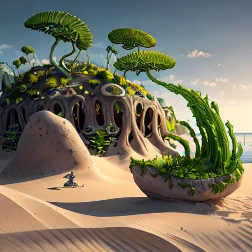 Prompt:  Metal shell crab character ,Zahara, clouse-up,
 hyperrealistic, photorealistic, ultra-detailed, intricate details, unreal engine, octane render, bioma of sand, cavern in the sand   and amazing landscape ,rocks and gigant green fern, 4k. A vine covered tutor in the style of alexander jansson and gediminas pranckevicius mystical, magical, bloosom, volumetric lighting.