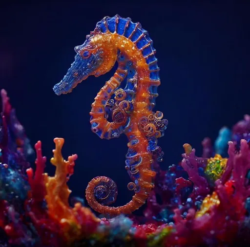 Prompt: A portrait of a seahorse in Layers of resin by keng lye art. Intricate details. Highly detailed. Glossy, shimmer. Quilling 