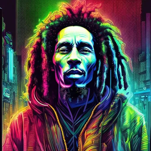 Prompt: Hypnotic illustration of Bob marley, neon, Hyper-realistic,Cyberpunk, fiction