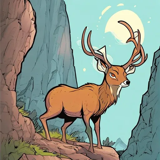 Prompt: A comic book style illustration of a deer full body, Colored, climb over a cliff 