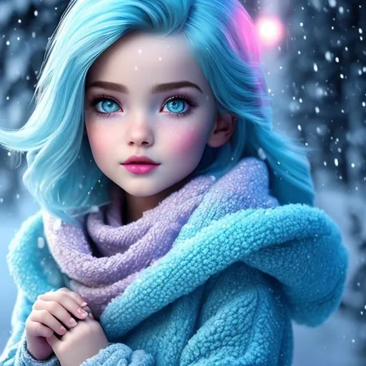 Prompt: {{{{highest quality stylized character masterpiece}}}} best award-winning digital oil painting with {{lifelike textures brush strokes}}, hyperrealistic intricate perfect 128k UHD HDR, girl with baby blue hair, long hair, crystal eyes, beautiful eyes, winter, snowing weather, street, scarf
