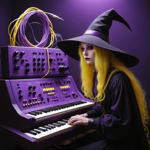 Prompt: SYNTH, MAGIC, VINTAGE,  WITCH, PURPLE, 2D, SPECTRAL, SYNTH WITH YELLOW CABLES


