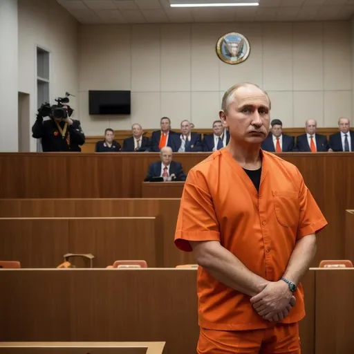 Prompt: Vladimir Putin in orange Inmate clothing in a courtroom surrounded by guards 4k