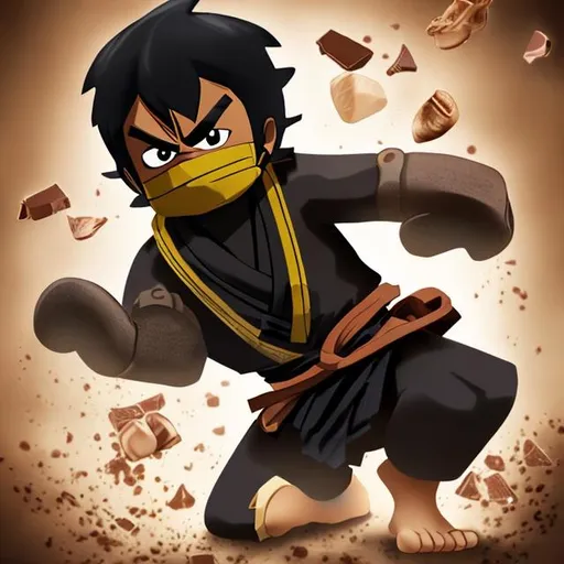 Prompt: A boy with dark brown skin a black ninja gi from ninjago black hair, bushy eyebrows and chocolate brown eyes 