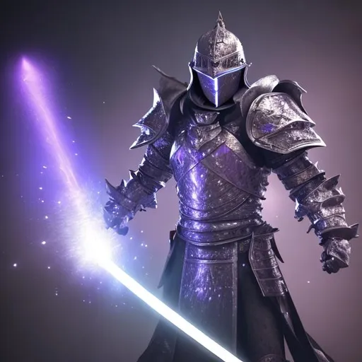 Prompt: Knight with a very powerful sword, purple light particles coming from the sword, at a futuristic castle