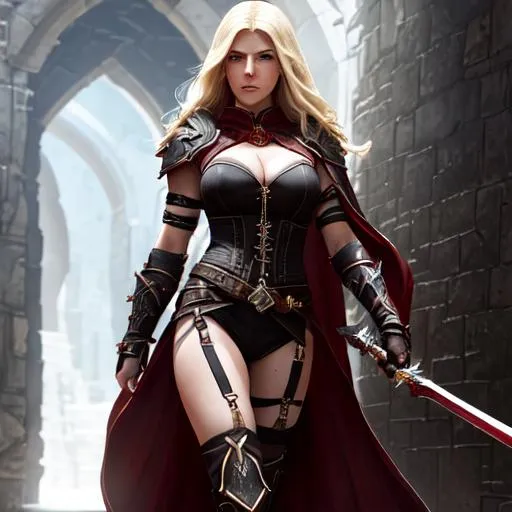 Prompt: Please render me an image from the Blizzard games, portraying the hell levels of the Diablo game franchise. Framed in the image, is Katheryn Winnick as a beautiful assasin character wearing a body harness and strapped high heel gladiator sandals, walking outside a dungeon doorway. Her skin is wet and glistening. 