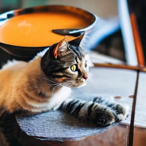 Prompt: a cat sitting on a table drinking a bowl of soup