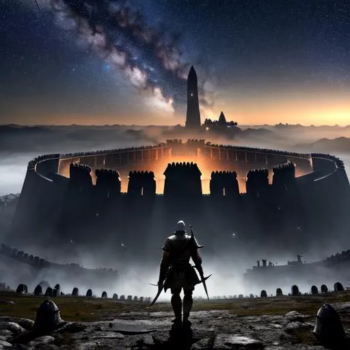 A lone soldier looks on at a massive fortress, surro... OpenArt