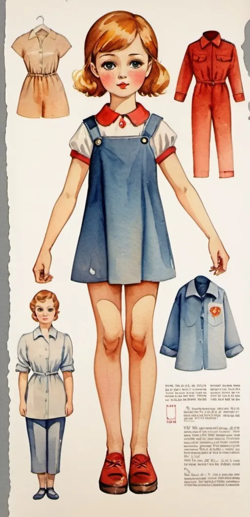 Prompt: Soviet style, poster, young girl, casual wear, standing straight, arms to the sides, paper doll, watercolor, human eyes