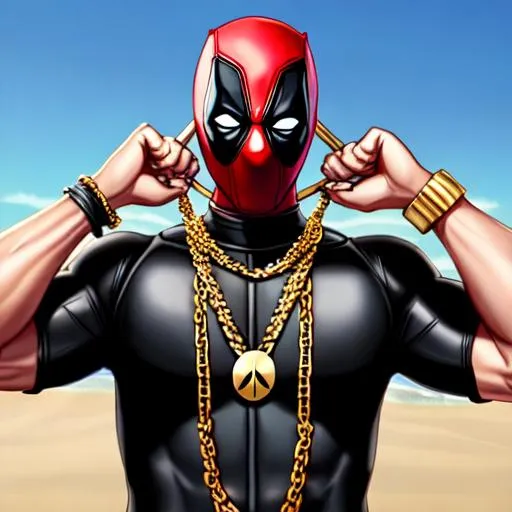 Prompt: deadpool waring a gold chain and a backwards black cap in the summer ultra realistic