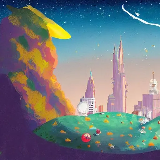 Prompt: Illustration of a city on a planet in the style of the little prince