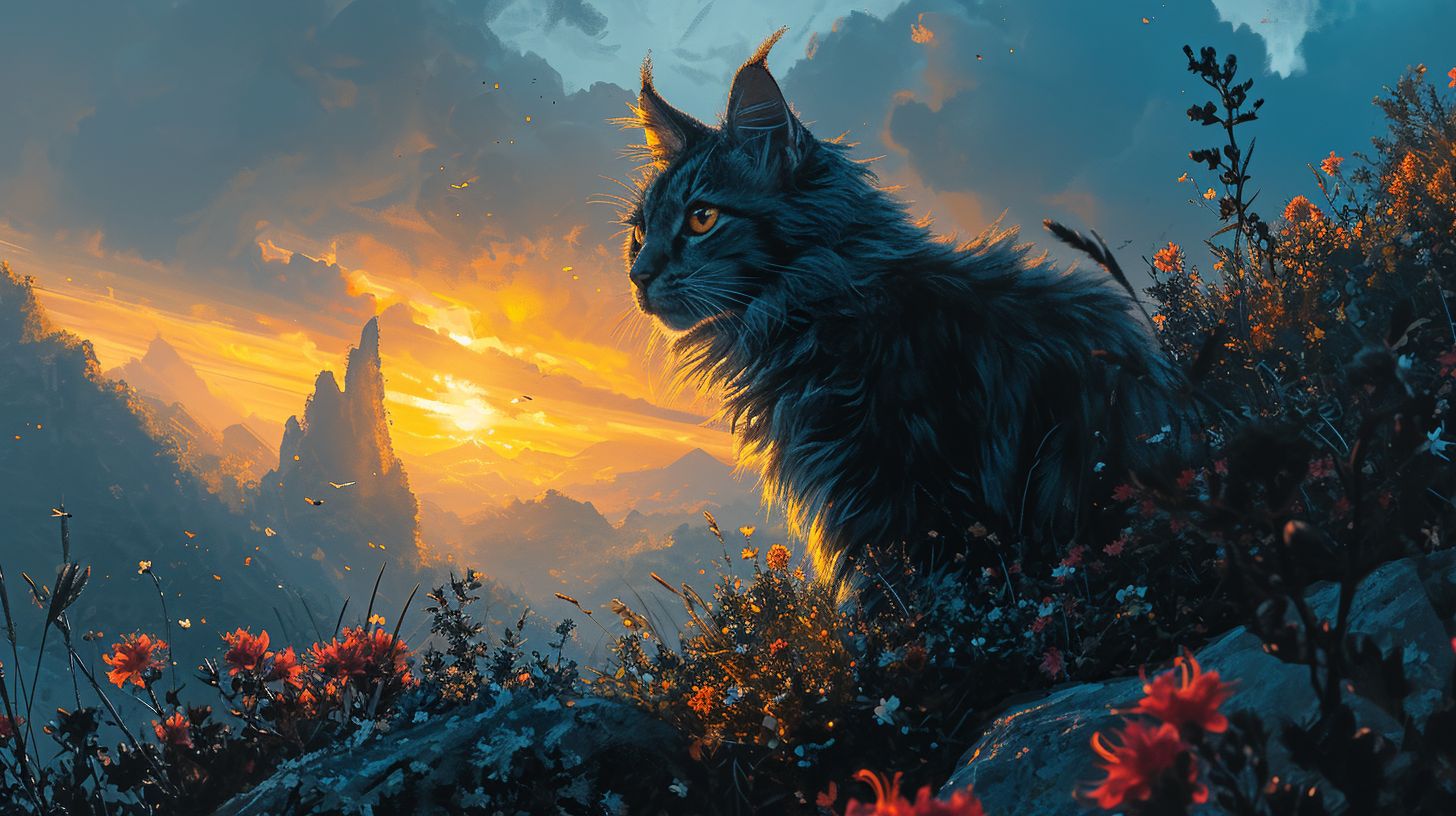 Prompt: The image presents a mystical blue-furred feline with luminous amber eyes, standing in a fantastical environment filled with vibrant flora, glistening streams, and silhouettes of distant spires beneath a radiant sunset. The atmosphere exudes enchantment with glowing flowers and serene cascades.