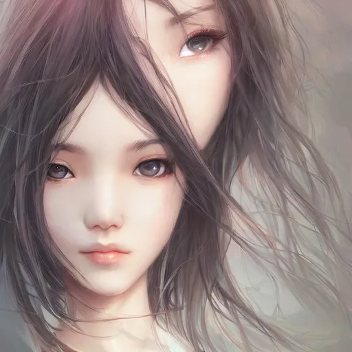 Prompt: Closeup face portrait of a Chinese woman, smooth soft skin, big dreamy eyes, beautiful intricate colored hair, symmetrical, anime wide eyes, soft lighting, detailed face, by makoto shinkai, stanley artgerm lau, wlop, rossdraws, concept art, digital painting, looking into camera