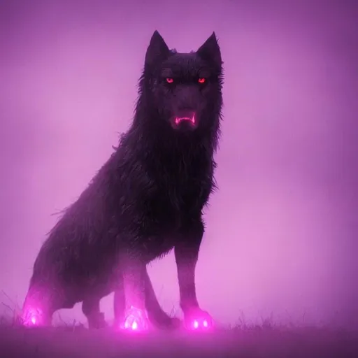 Prompt: hellhound with glowing eyes in a purple mist
