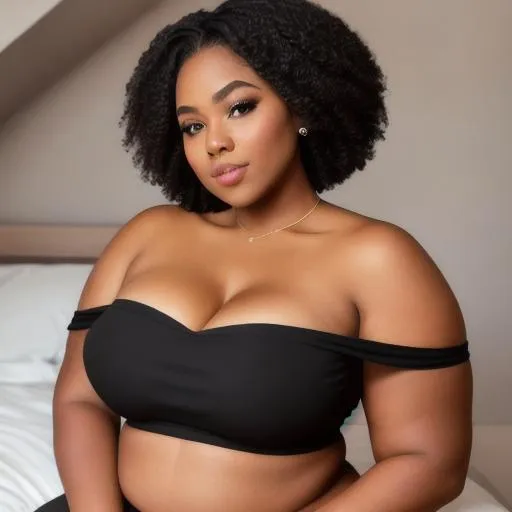 Prompt: Black,african American,soft, delicate ultra feminine,round body, plus size, curvy, full lips, wide nose, off the shoulder top, happy,8k,uhd