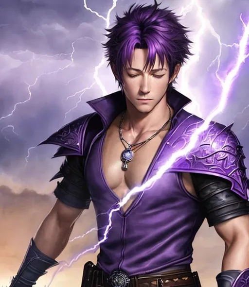 Prompt: a final fantasy watercolor concept art with Luke Perry, male, purple short hair, eyes closed, casting lightning in purple battlemage outfit, university setting, parted bangs, eyes shut, ethereal, gold medallion necklace, royal vibe, highly detailed, digital painting, eyes closed, Trending on artstation , HD quality, tan skin, Big Eyes,artgerm,by yoshitaka amano