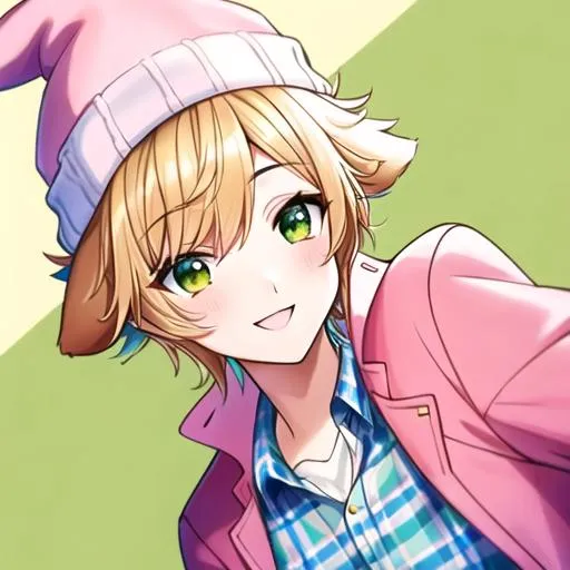 Prompt: Male cute beagle fursona in a pink beanie and pastel blue flannel shirt in furry style with golden blond hair green eyes smiling with floppy ears