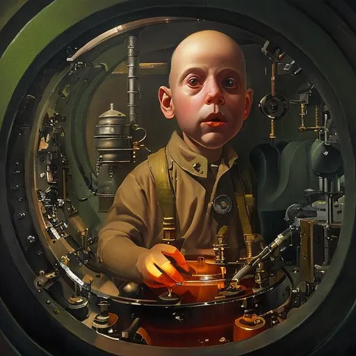 Prompt: A Homunculus engineer, inside a strange machine, wearing smock-frock, oil painting, deformed facial features, 4K, Labotomized 