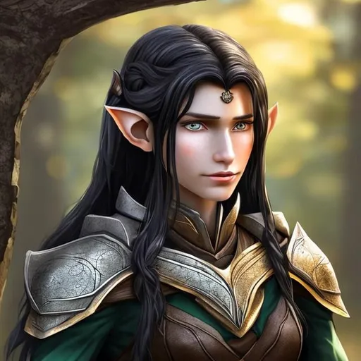 Prompt: Celaser Maerethar is a 208 year old female wood elf diplomat. She has long, straight, black hair and brown eyes. She has soft blueish skin.
She stands 152cm (4'11") tall and has an athletic build. She has a square, slightly pretty face. She is very nimble. photo-realistic 