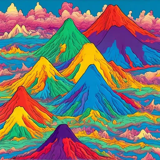 Prompt: Volcanoes erupting in the style of Lisa frank