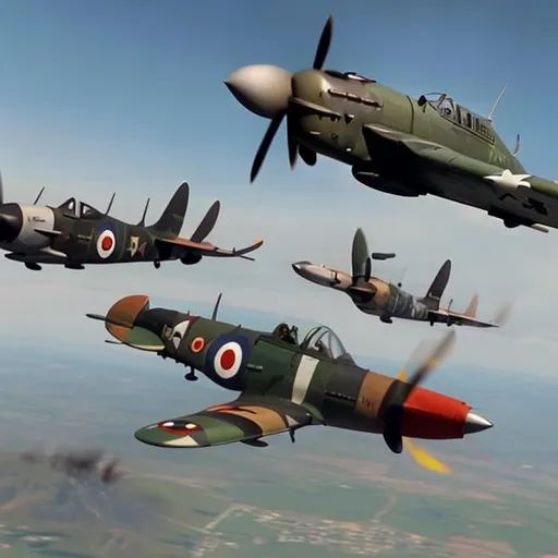 Prompt: dogfight attak plane spitfire and other planes shooting at eath others