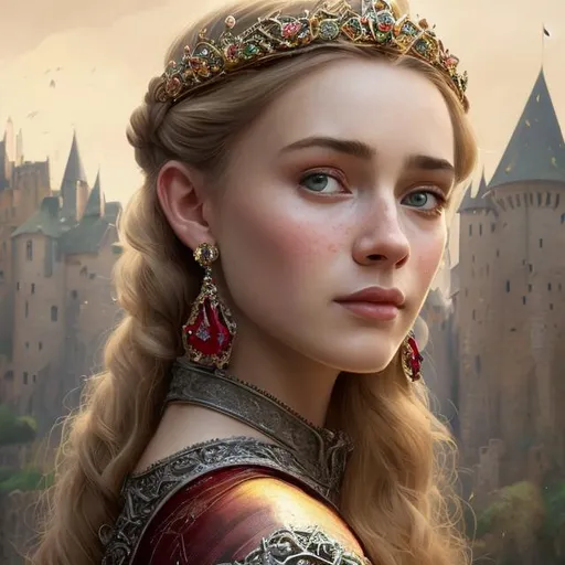 Prompt: Portrait of {beautiful young Medieval woman with ruby earrings and emerald tiara} with {ombre brown and blonde} hair and with cute face, {castle village background}, perfect composition, hyperrealistic, super detailed, 8k, high quality, trending art, trending on artstation, sharp focus, studio photo, intricate details, highly detailed, by greg rutkowski