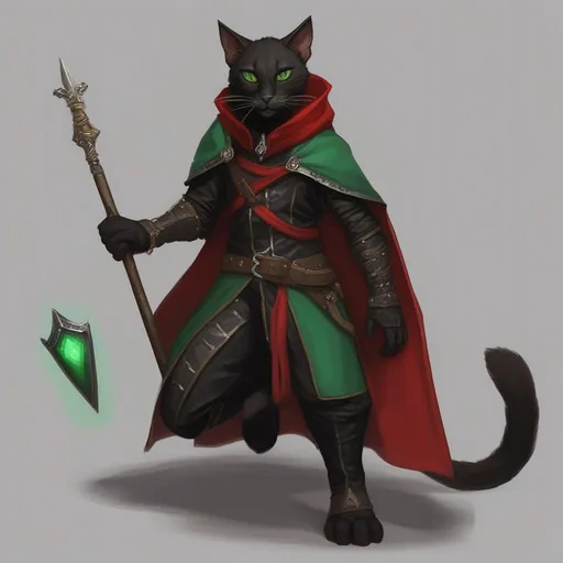 Prompt: DND a black male tabaxi with green eyes wearing black leather armor with a red cloak