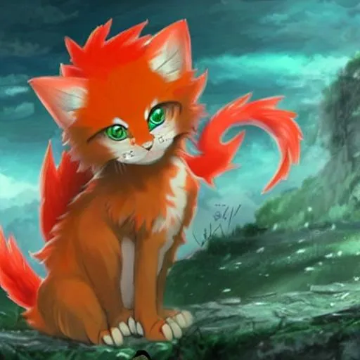 Prompt: Orange, red maned anime cute dragon with green eyes and red pupil with wings, horns in the shape of a V, feathery whiskers and a furry tail. Realistic kitty